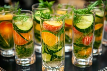 Fototapeta premium Brightly colored spritzers featuring slices of fruits and fresh herbs are served in sleek glasses, perfect for an outdoor summer gathering or celebration on a sunny day