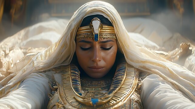 Serene queen, adorned in gold, rests peacefully
