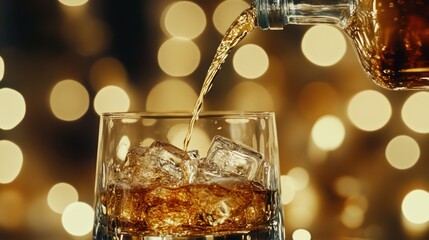 Whiskey pouring into ice-filled glass, festive bokeh background, celebratory drink