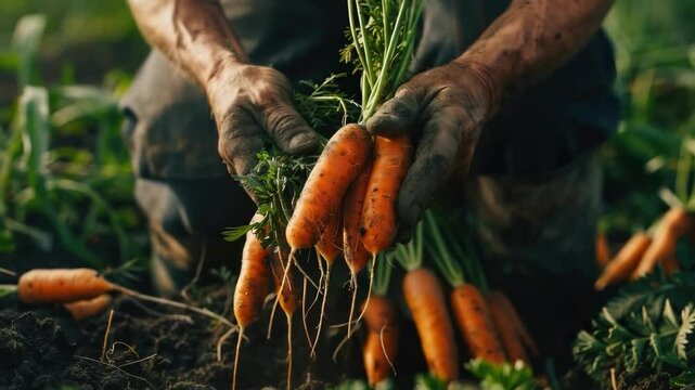 a farmer harvests carrots. Selective focus