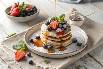 flat lay of Pancakes stack with syrup and berries