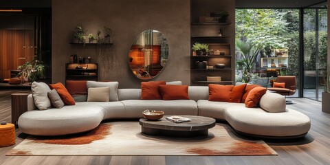 Luxurious living room with cozy curved sofa, warm accents, and natural light from lush greenery