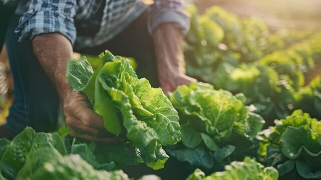 a farmer collects lettuce. Selective focus