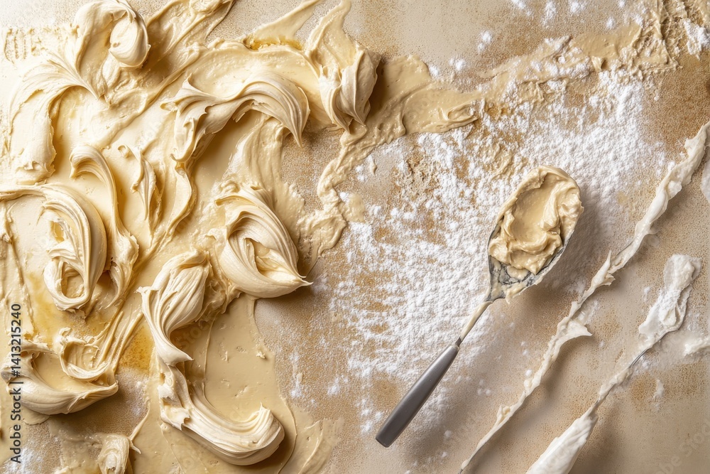 Poster overhead shot of textured beige frosting and scattered white powder, highlighting baking preparation
