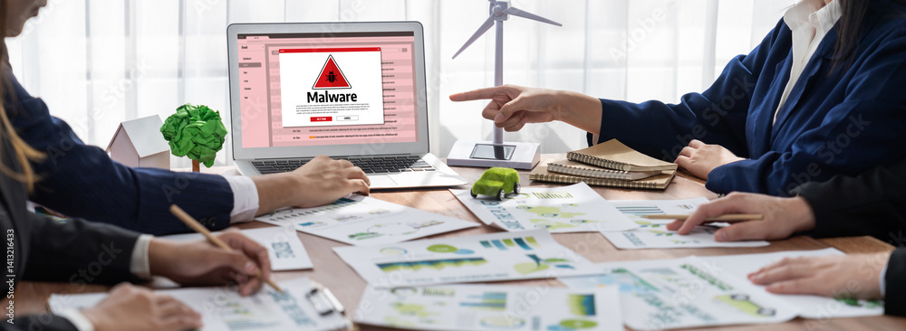 Poster cyber attacking concept. malware alert showing on computer screen display scam and threat detection 