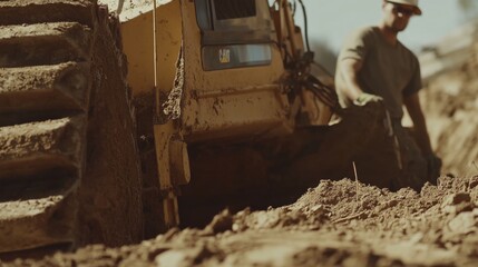 Construction worker operating a bulldozer for site preparation. Featuring strength and expertise