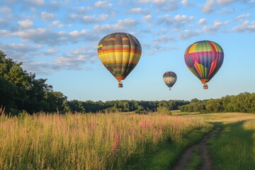 Obraz premium Colorful hot air balloons float gracefully in a clear summer sky above a picturesque meadow. The vibrant landscape features tall grass and blooming flowers, creating a serene atmosphere