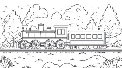 Simple train drawing, night scene, nature background, coloring page, kid activity, educational resource