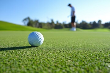 Golf ball rests on a vibrant green, manicured golf course as golfer stands on the putting green with trees against a bright sky