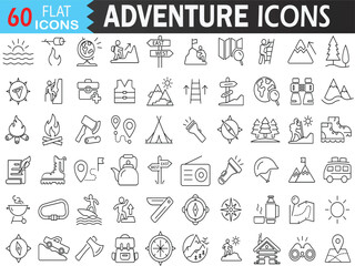Adventure Line Icon Set — Includes Climbing, Hiking, Mountains, Camping, Navigation, and More. Thin Stroke Vector Collection for Illustrator. Editable Stroke