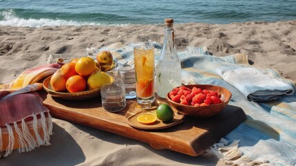 Beach picnic with fruit, drink, and waves in background for relaxation and summer.