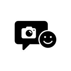 Speech bubble with camera and smiley face symbolizing selfies and photos