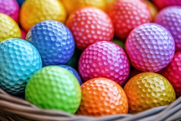 Obraz premium A vibrant assortment of colorful miniature golf balls nestled together in a rustic woven basket, creating an eye-catching display.