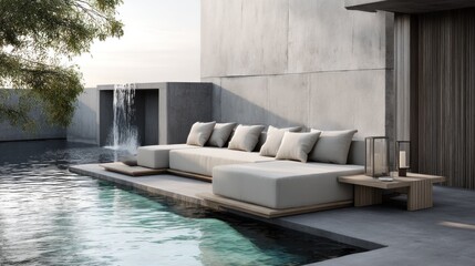 Minimalist outdoor lounge with clean lines, neutral cushions, and a subtle water feature.  