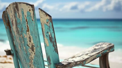 A weathered beach chair, turquoise painted wood, overlooking the turquoise ocean.