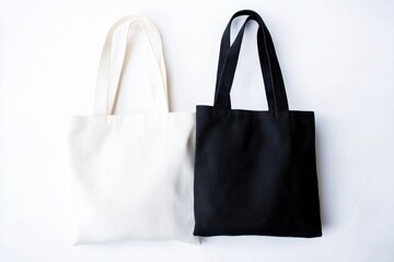 Two simple tote bags, one white and one black, lay side by side against a clean, minimalist white background, ready for customization.