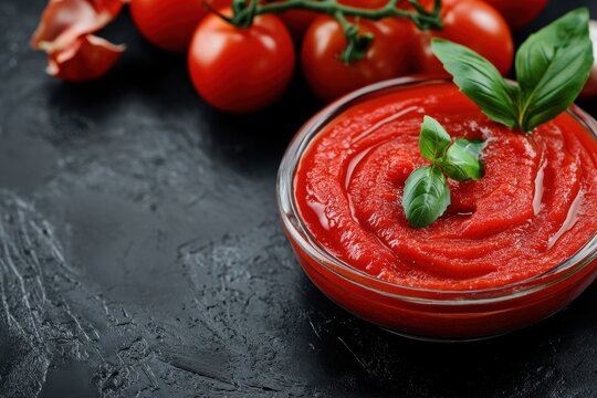 Homemade tomato sauce with fresh basil. A vibrant and flavorful addition to any meal. Rustic style with fresh ingredients.