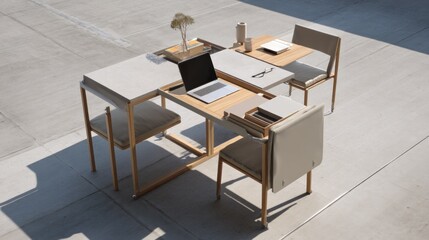 Minimalist outdoor study with simple, functional furniture, neutral colors, and integrated tech. 