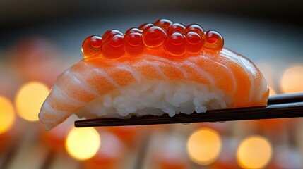 Fresh salmon sushi topped with vibrant red caviar, held by chopsticks