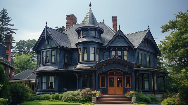 A close up of steeply pitched Victorian roofs