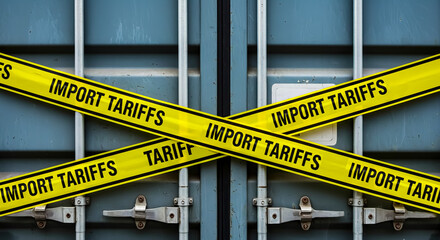 Crossed yellow tariff tape over freight containers visualizing blocked goods movement and international trade war measures