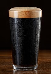 A close-up of a stout beer in a pint glass with creamy tan head and chocolate notes.