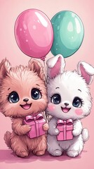 Obraz premium Adorable Cartoon Puppies and Bunny with Gifts and Balloons: Cute and Joyful Birthday Celebration Art