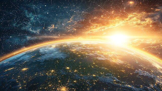 Earth rising, vibrant sunrise, cosmic network