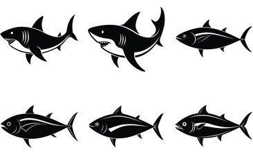 Set of blue fish silhouettes, marine animal vector illustration