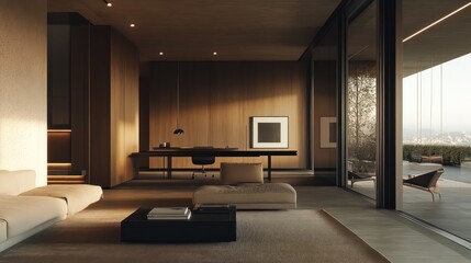 Minimalist study with clean surfaces, integrated tech, and a serene, clutter-free atmosphere. 