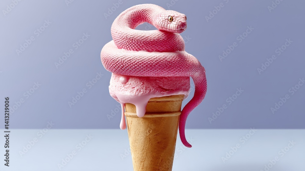 Aufkleber pink snake is curled up on top of a vanilla ice cream cone. the image has a whimsical and playful mo