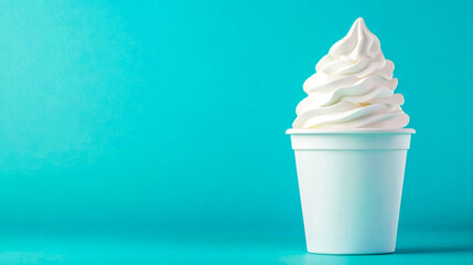 White frozen yogurt swirl in a cup on turquoise background