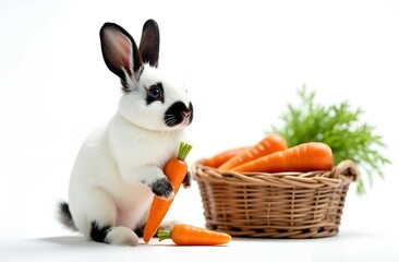 
A cute white rabbit holds a carrot in his paws next to a basket filled with carrots on a white background. 