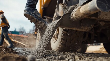 Construction worker operating a cement truck. Featuring precision and teamwork