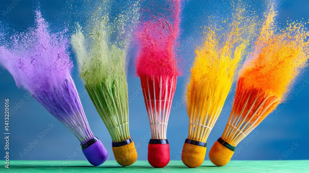 Poster row of badminton racquets with colorful strings. the racquets are in different colors and are scatte