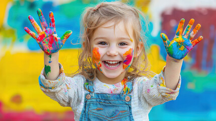 Playful child with rainbow paint all over hands and face, smiling with excitement, bright background