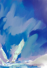 Impressionistic Seascape of 3 Sailboats Sailing in the Sea Water w/ Dramatic Clouds Overhead-Digital Painting, Art, Illustration, Design in Vibrant Teal, Blue & Lavender