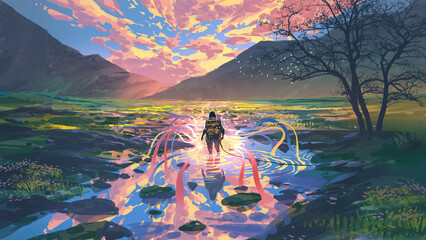 A traveler walks through reflective water in a fantasy landscape surrounded by glowing lights surreal colors and distant mountains at sunset, digital art style, illustration painting