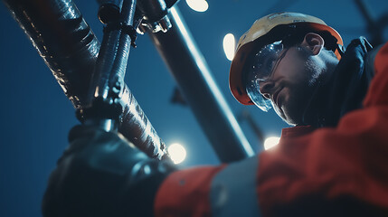 Derrickhand aligning new drill pipe on oil rig. Featuring teamwork and accuracy