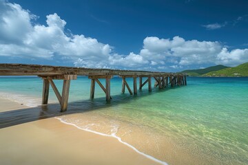 Obraz premium Wooden pier extending into crystal clear water under a cloudy blue sky day