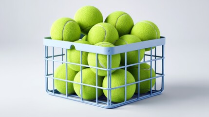 Basket full of tennis balls. The balls are green and are piled up in a basket. The basket is blue and has a mesh design. Concept of organization and order