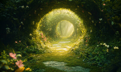Enchanting Portal, A luminous path beckons through a magical archway in a lush forest