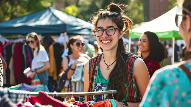 Cheerful woman browsing clothes at open-air market under sunny weather with people in background. Concept of swap party, garage sale, flea market, community thrift shopping and joyful sustainability
