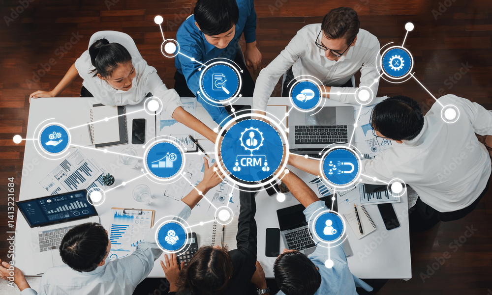 Fototapete a diverse team collaborates in a modern workspace, discussing crm strategies and data solutions. the
