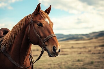 Fototapeta premium A majestic horse with a rich, reddish-brown coat stands tall, adorned with a white star on its forehead and leather riding gear.