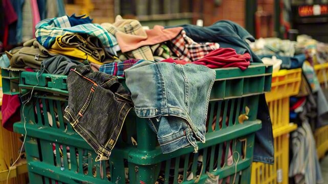 Plastic crates overflowing with used clothes at flea market or donation center. Concept of textile recycling, clothes donation, humanitarian aid and overconsumption
