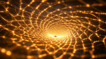 Abstract glowing golden network tunnel.