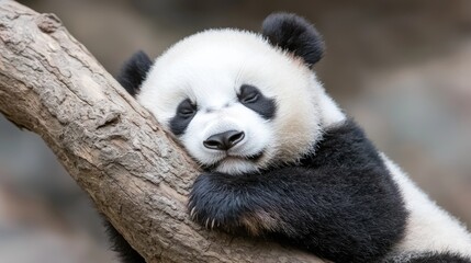 Obraz premium Adorable panda cub resting on tree branch wildlife conservation