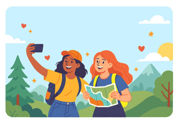 Two girl doing selfie on the nature showing friendship flat design for landingpage