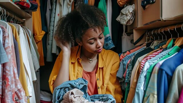 Young woman in yellow shirt puzzled by crowded closet full of mixed clothing styles. Concept of decision fatigue and fashion overwhelm